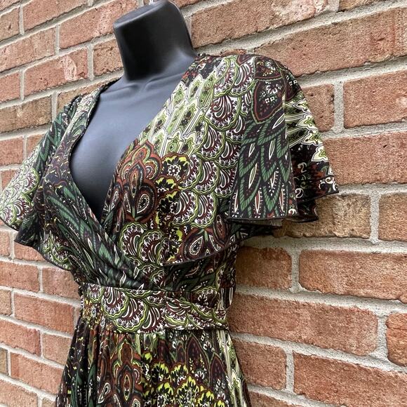 Vtg 00s Y2K Peacock babydoll Festival Flutter Sleeve Paisley Maxi Flowy Dress M - Picture 3 of 9